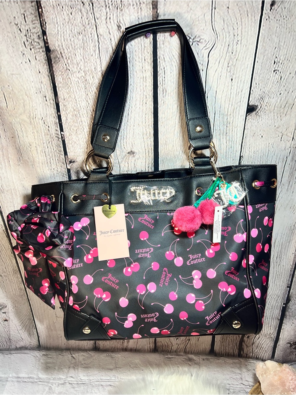 Juicy Couture Black Tote with Pink Cherry Print & Pom Pom Charm